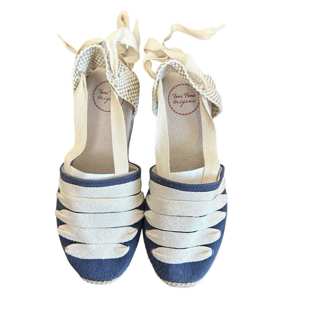 Toni Pons Women’s Gavet-CU Vegan Espadrilles Ribbon Tie Blue Cream Size EU36 NEW